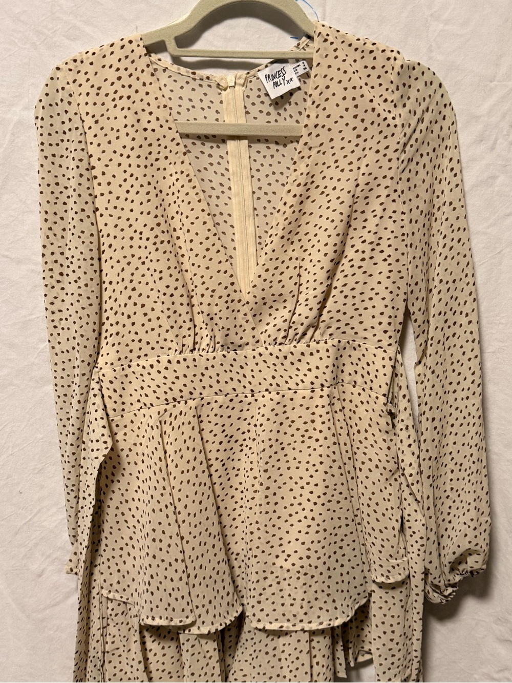 Princess Polly Cream Long Sleeve Mini Dress with Black Dot Print - Picture 1 of 5